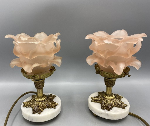Ensemble de 2 lampes de table Art nouveau • Abat-jour en verre dépoli rose en forme de fleur