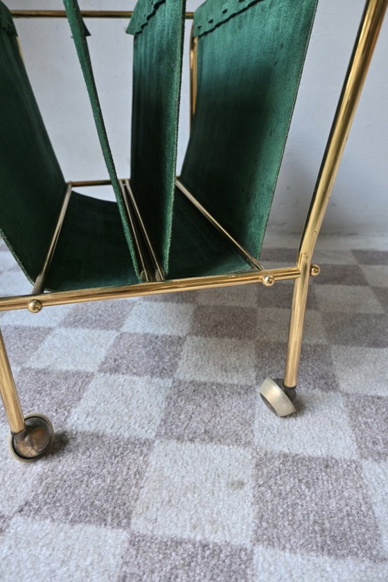 Image 1 of Brass Lectern on wheels, green suede upholstery