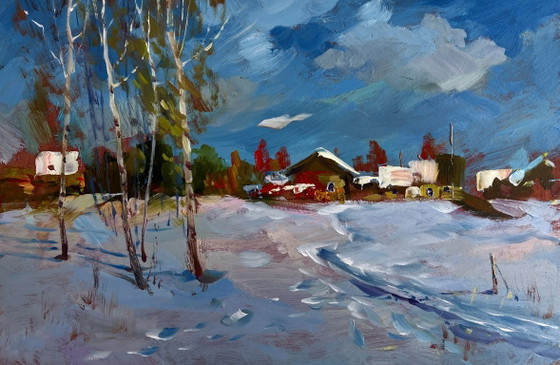 Image 1 of Original Oil Painting Snow Village Landscape Winter path leading home