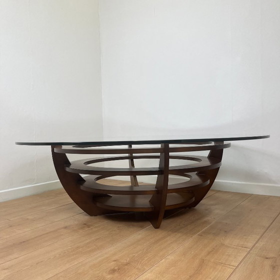 Image 1 of Skulpturaler Couchtisch mit konzentrischen Ringen, Glas und Holz, um 1985