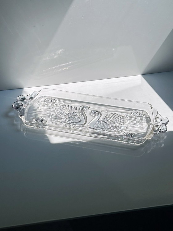 Image 1 of Piatto da torta in vetro vintage Art Deco Revival swan 80s Walther in vetro cristallo