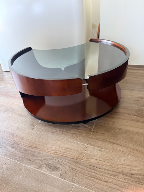 Italian Space Age Coffee Table – Smoked Glass & Curved Wood – 1970s (photo 12 of 15)