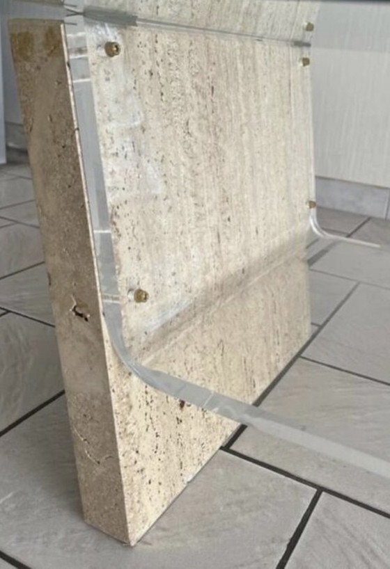 Image 1 of 70s glass and travertine coffee table