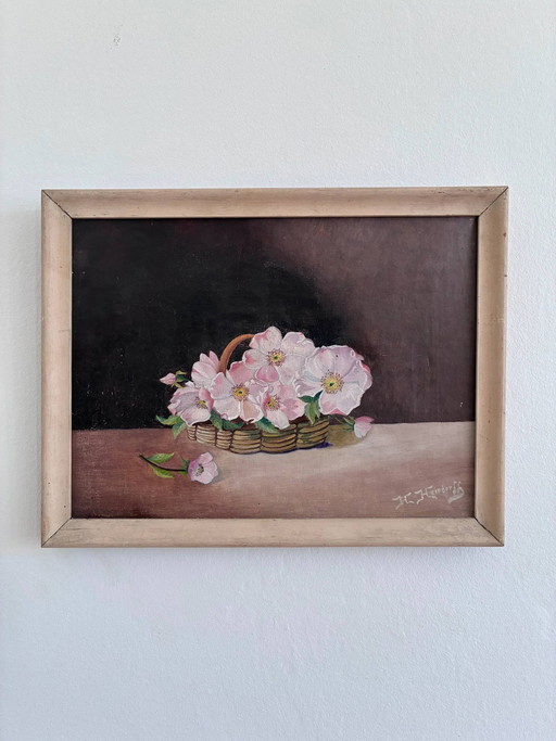 Peinture à l'huile originale vintage représentant une nature morte florale.