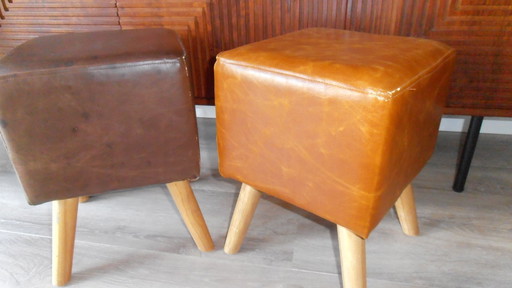 Vintage Hocker, Cognac & Dunkelbraun - 42cm hoch