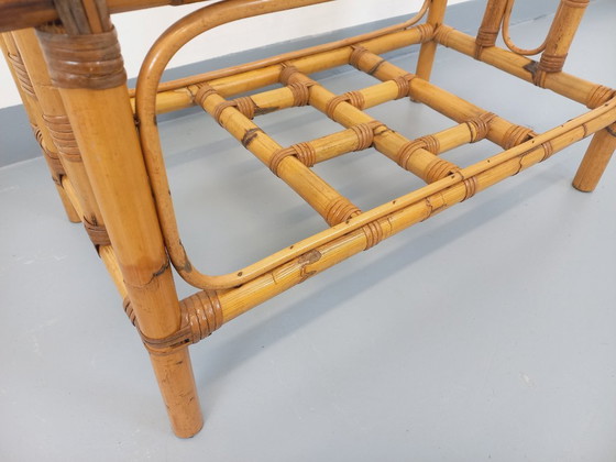 Image 1 of Tavolino da caffè vintage in vetro trasparente e rattan degli anni '70