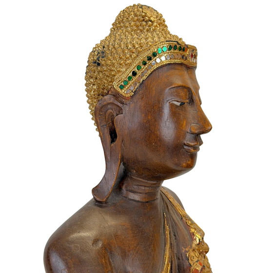 Antique Burmese Mandalay Wooden Buddha – Bhumisparsha – c. 1900–1930 – Sculpture, Glass (photo 6 of 11)
