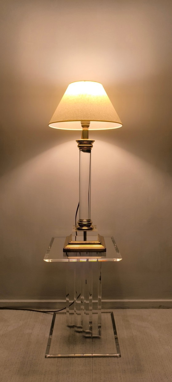 Image 1 of 😍✨ Elegant vintage 70s/80s column lamp by "Le Dauphin" in acrylic glass and brass with a new lampshade ✨😍