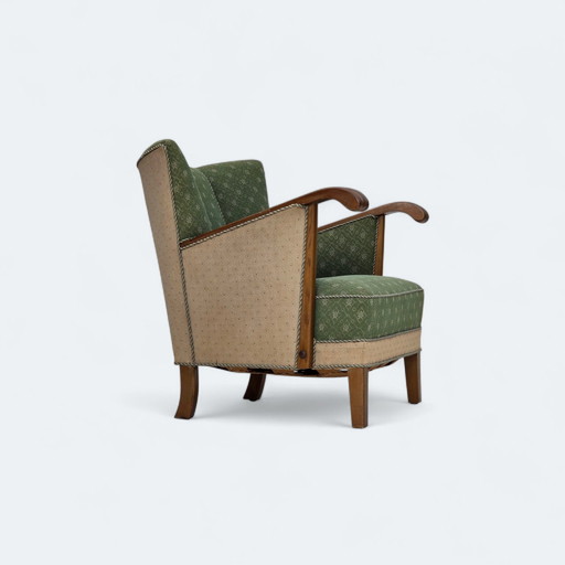 1950er Jahre, dänischer Sessel, original grün/beiger Möbelwollstoff, Eichenholz.