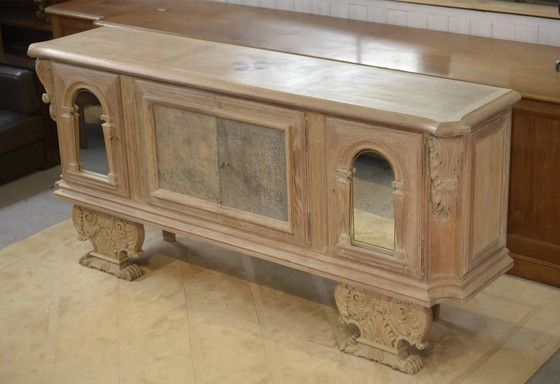 Large buffet with 4 doors in cerused oak, eglomisé mirror and 1950s leather. – Storage cabinet, Wood, Vintage (photo 5 of 16)
