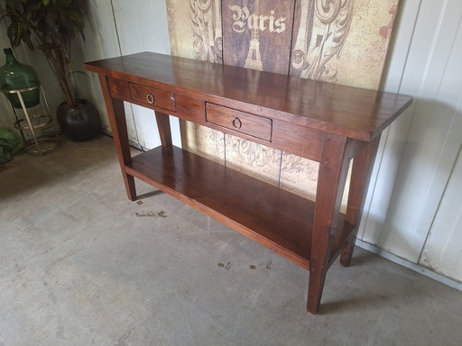 Teak side table, hall table, wall console, dimensions: 141x39cm and 80cm high.