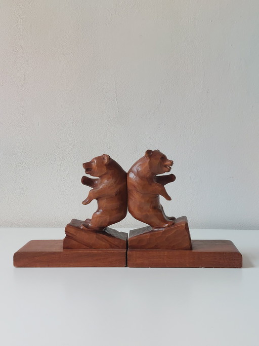 Paar alte handgeschnitzte Buchstützen Bären Schnitzerei 