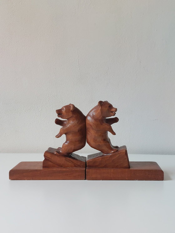 Image 1 of Paire de serre-livres anciens sculptés à la main, sculpture d'ours