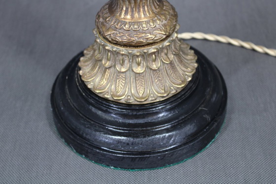 Image 1 of    	 1940s Restored Brass Table Lamp with Wooden Base and Glass Shade