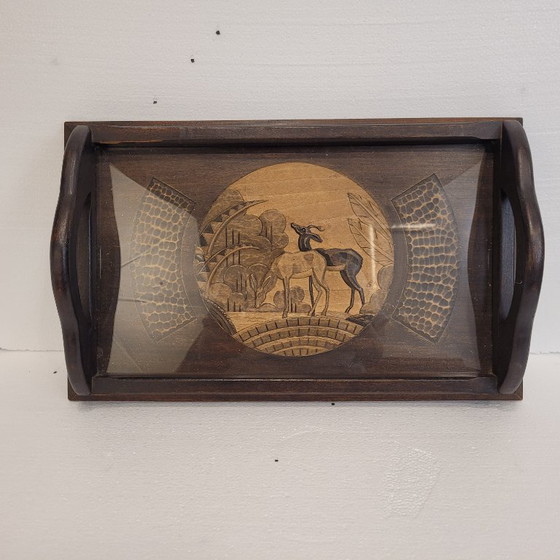 Image 1 of Tablett mit Antilopenschnitzerei, Holz, Art Deco, ps XX - Frankreich