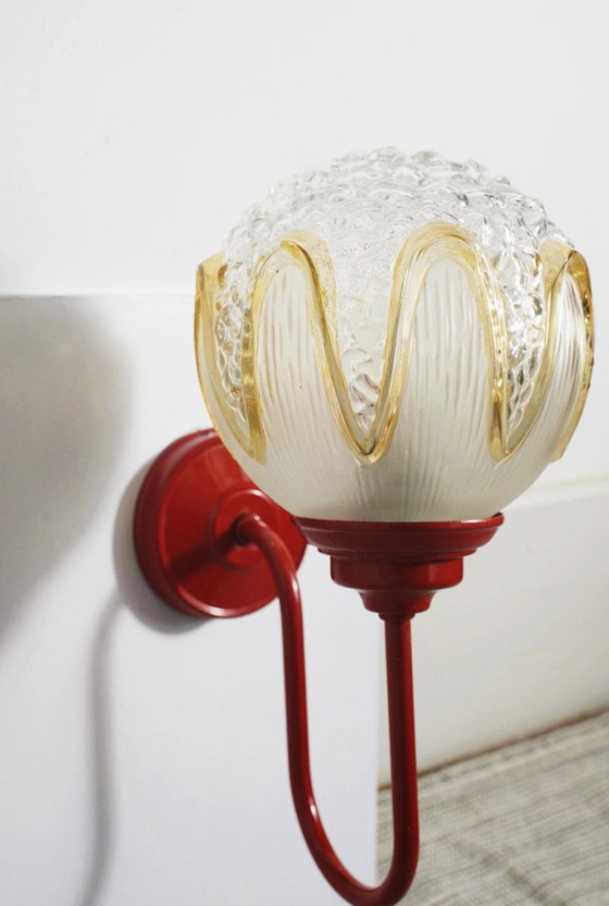 Red Wall Sconce Massive Belgium with Richard Essig Textured Glass Globe, Mid Century Space Age Lighting (photo 10 of 22)