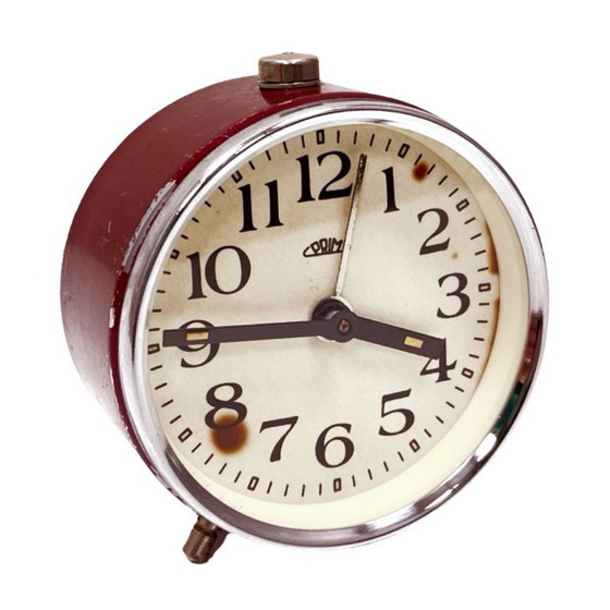 Image 1 of Burgundy PRIM Vintage mechanical alarm clock, FUNCTIONAL, Czechoslovakia, 1960s.