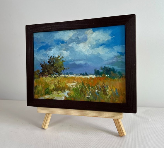 Image 1 of Original Oil Painting Summer Field Landscape The sun shines through the clouds