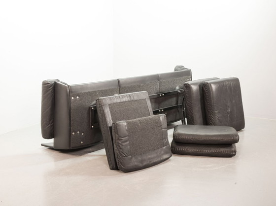 Image 1 of Exquisite Mid-Century Design De Sede Black Leather Strap Stitched Three-Seat Sofa DS31. Switzerland, 1960s.