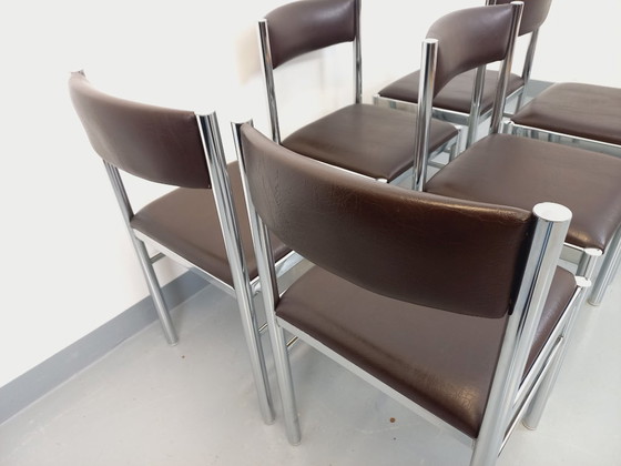 Image 1 of Set di 6 sedie vintage anni '70 in metallo cromato e similpelle marrone