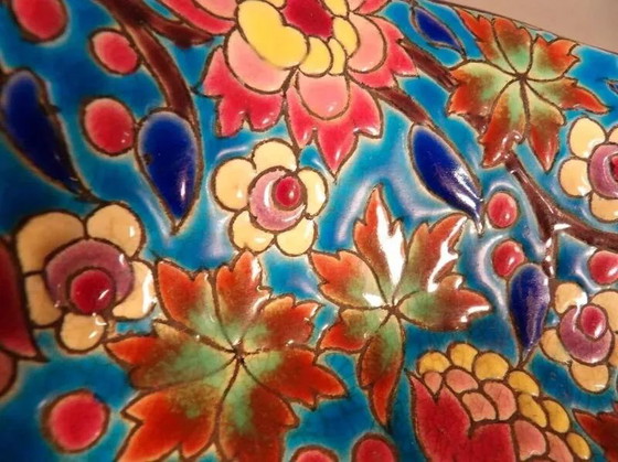 Longwy enamels, Important lobed plate with polychrome floral decoration, 20th century, Bowls, Porcelain (photo 5 of 12)