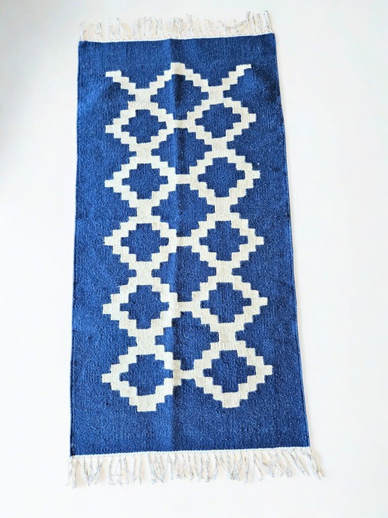 Image 1 of Senon Kelim Läufer 70 × 140 cm - Handgefertigt in Ägypten - Blauer Diamant, Flachgewebe