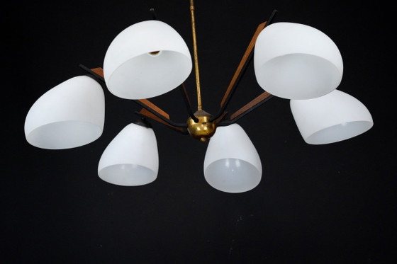 Image 1 of Italian Mid-Century six arms chandelier in the manner of Stilnovo. Italy 1950s.