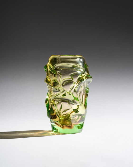 Image 1 of Jan Kotik Beránek Glassworks Art Uranium Glass Iconic Vintage Vase Propeller MCM