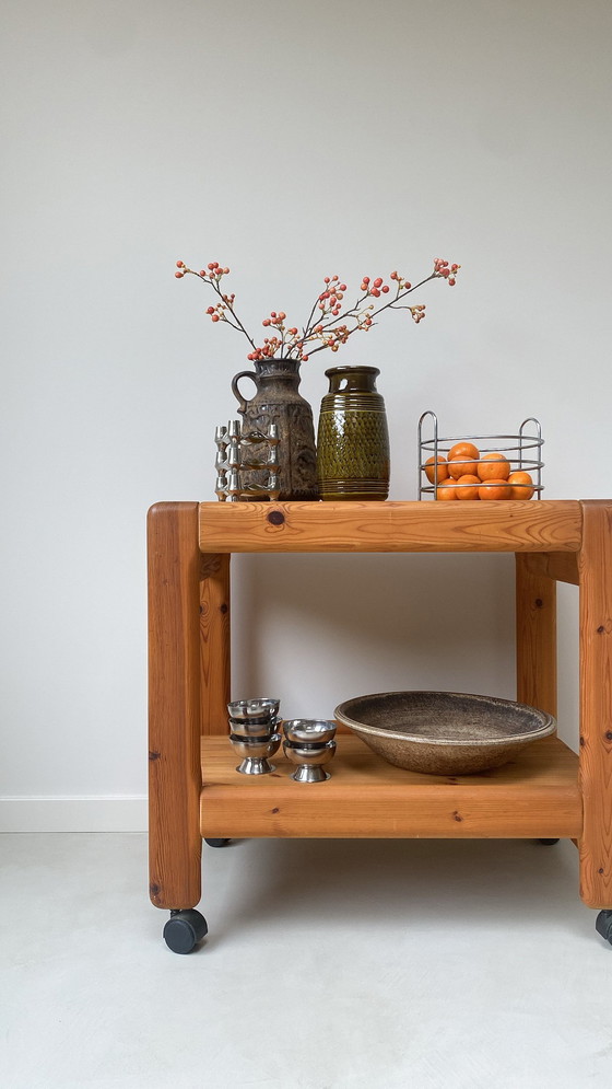 Image 1 of Chariot/chariot de service vintage en bois/pin sur roulettes