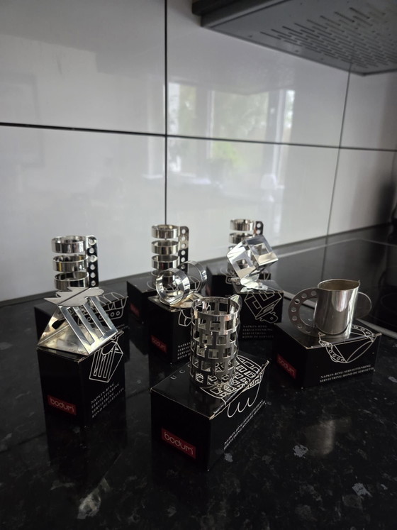 Vintage BODUM Napkin Rings Set (8 pcs), Memphis Design 80s/90s RARE, Table accessories, rvs, Silver (photo 2 of 5)