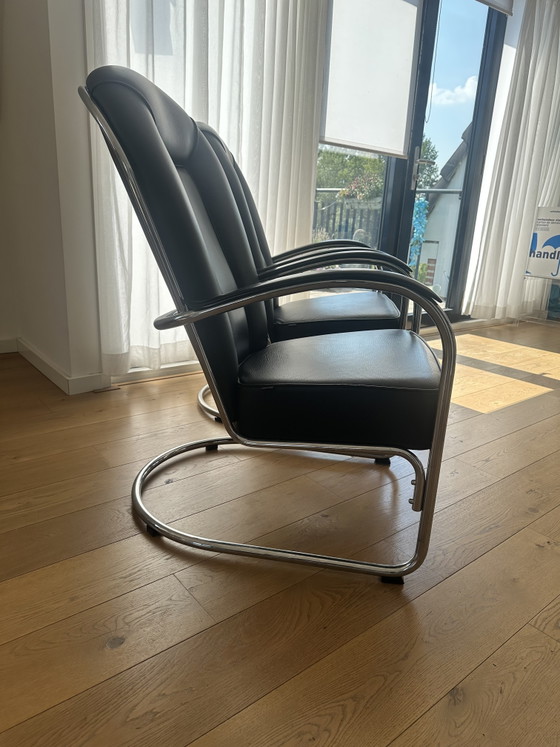 Set van 2 Gispen Classic AA Fauteuils – Zwart Leerontwerp van W.H. Gispen uit 1937 – Chrome, Leather (photo 8 of 13)