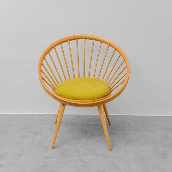 Image 1 of Fauteuil circulaire scandinave vintage années 60 en bois avec tissu vert, antiquités modernes