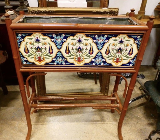 Image 1 of Vintage Longwy multicoloured enamel planter on bamboo wood legs