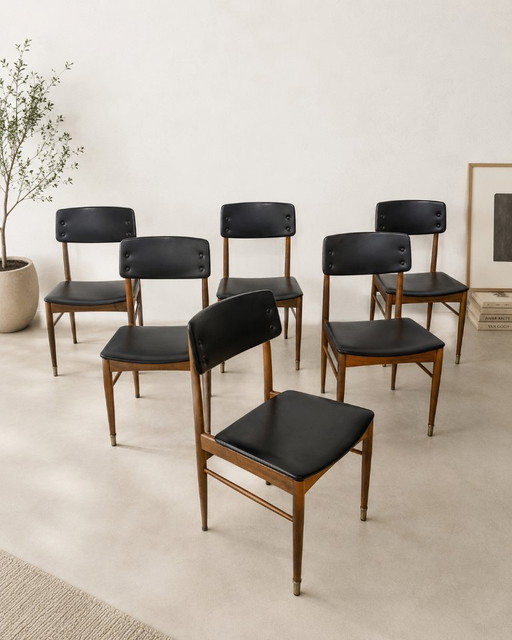 Set di sei sedie da pranzo scandinave di metà secolo, anni '60 – eetkamerstoelen, Skai, Wood, Vintage