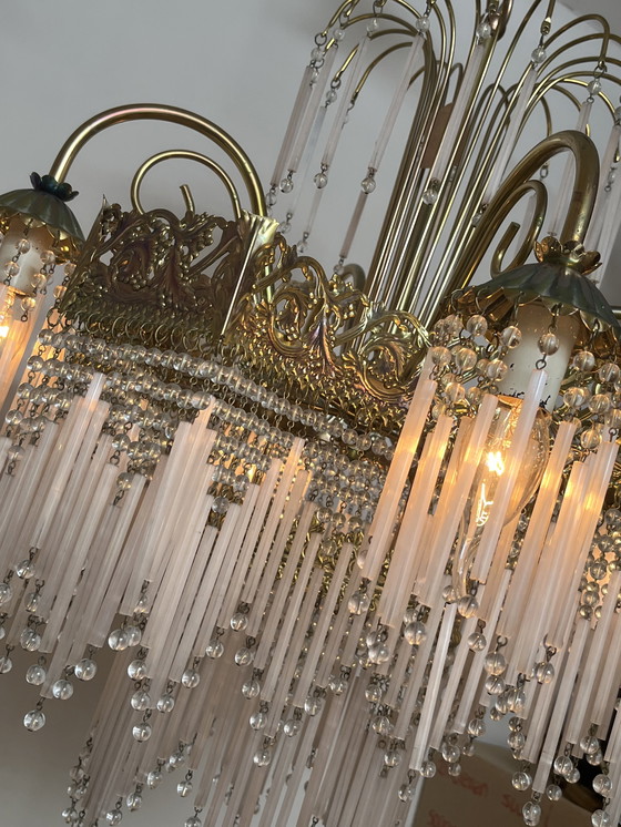 Image 1 of Vintage xl pink opaline rod chandelier pendant lamp art deco style