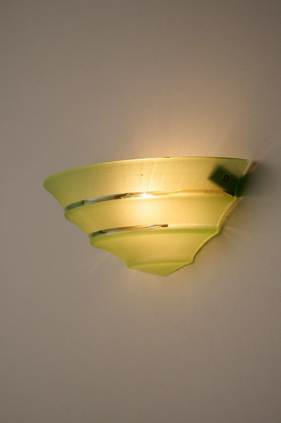 Mid-Century Green Glass Shell Wall Sconce with Clear Stripes, Wall lights, Brass, Mid Century Modern (photo 3 of 9)