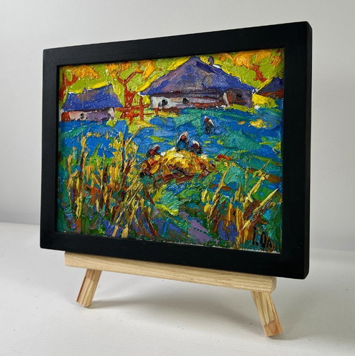 Original Oil Painting Evening Village Landscape Golden Harvest