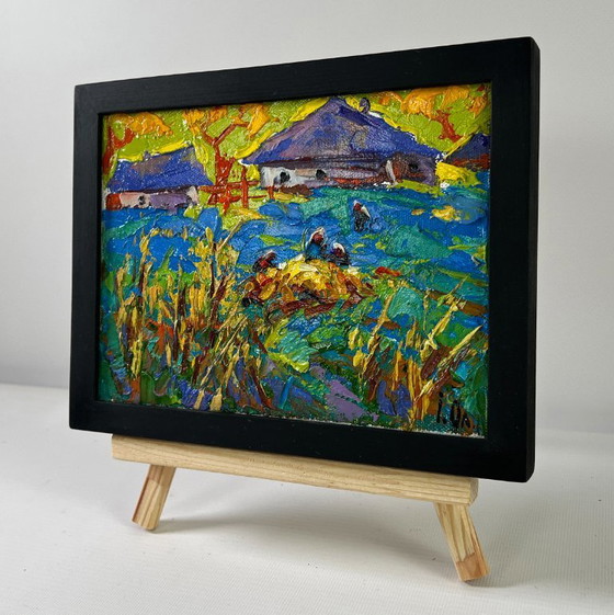 Image 1 of Original Oil Painting Evening Village Landscape Golden Harvest