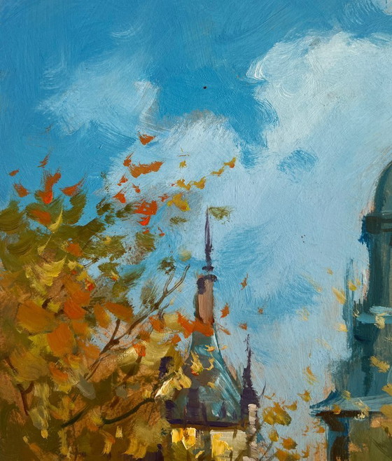 Image 1 of Original Oil Painting Autumn City Landscape The rustle of leaves underfoot
