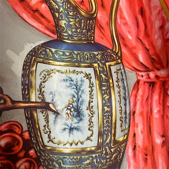 Image 1 of Large vintage round enamel metal tray still life fruit design by Daher