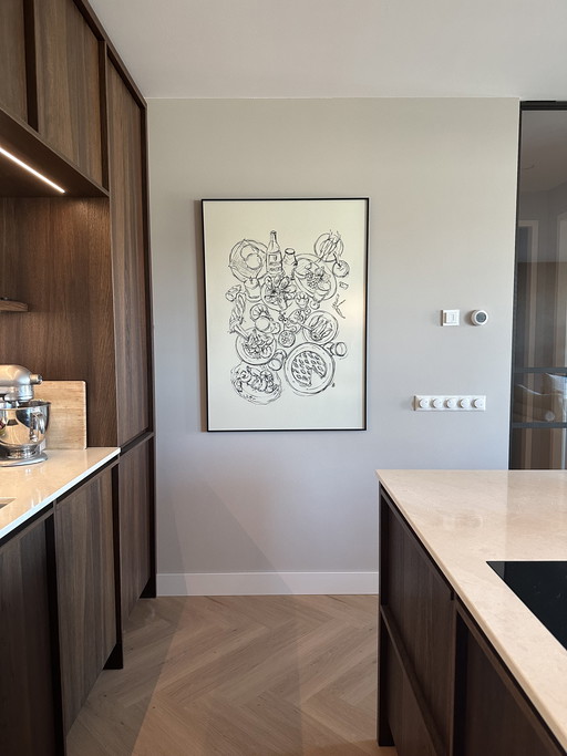 Screen print line drawing “At the table”