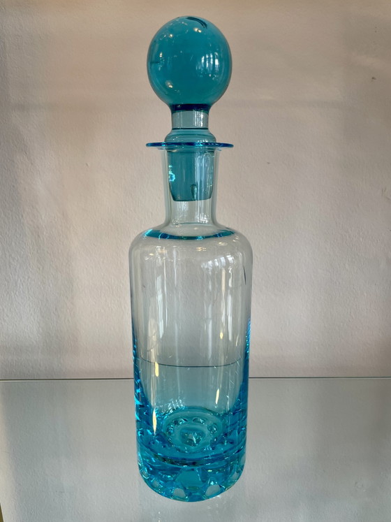 Image 1 of Mondgeblazen karaf/schenkkan/fles van turkooizen kristalglas