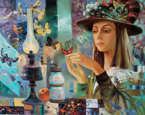 Original Oil Painting Abstract Figurative Girl Moths – schilderijen tekeningen, Canvas