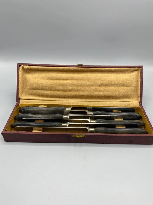 6 C. Raffin Horn-Handled Table Knives in Original Box – besteksets, Metal, Canvas