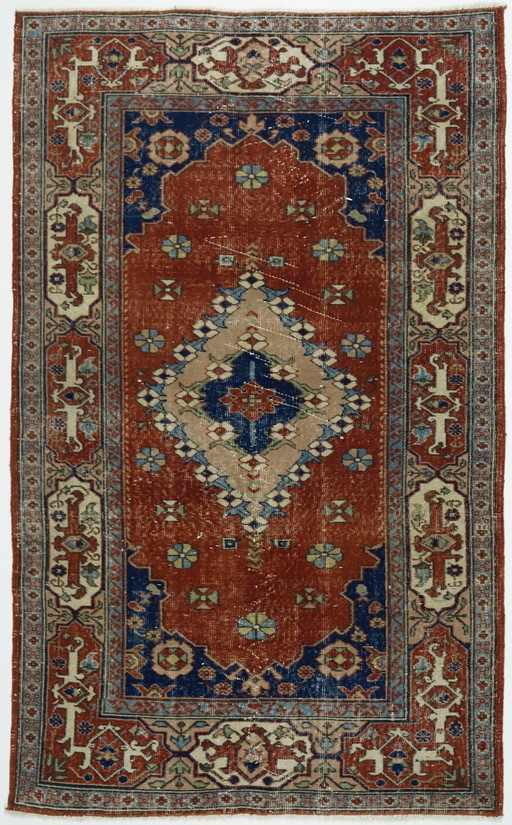Tappeto turco vintage Oushak 218 × 131 cm – Tappeto in lana con medaglione color terracotta – vloerkleden en tapijten, Wool