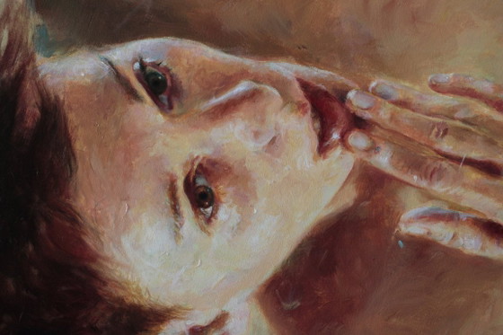 Jara Marzulli. Oil and Acrylic Painting. "Psyche and the Attesa del Bacio" – Paintings & Drawings, Canvas (photo 3 of 6)