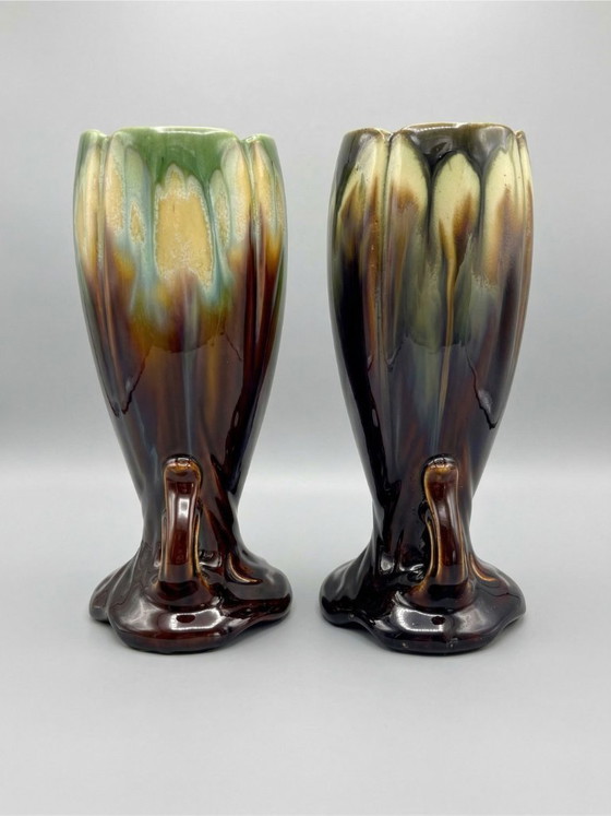 Image 1 of Paar Art-Deco-/Mid-Century-Vasen – Belgisches Steingut (Thulin zugeschrieben) – Engobenglasur – 28 cm