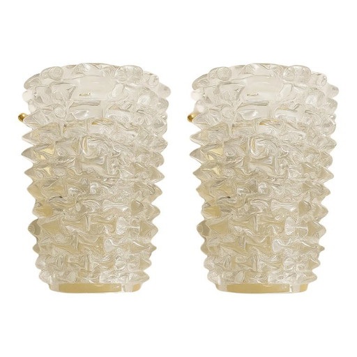 A Pair Barovier Style Art Deco Rostrato Clear Italian Murano Glass Wall Sconces
