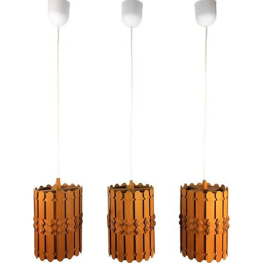 Set di 3 lampade a sospensione vintage in pino scandinavo, anni '60