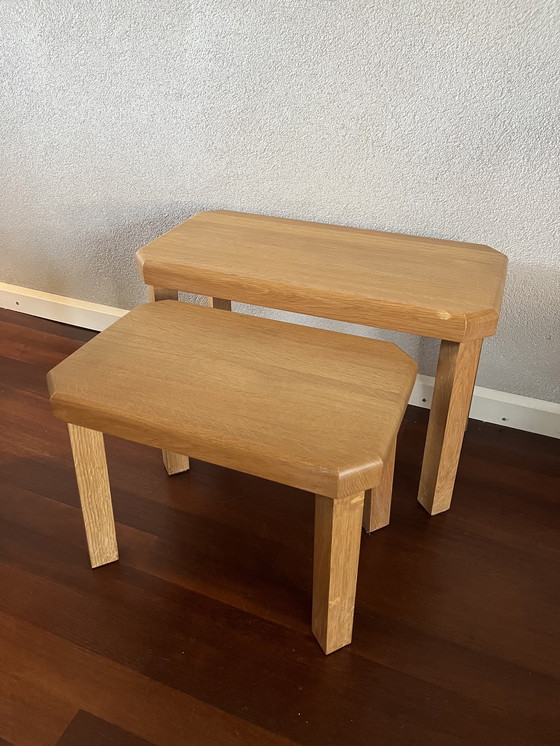 Image 1 of Massief eiken brutalist nesting tafeltjes vintage set 60/70